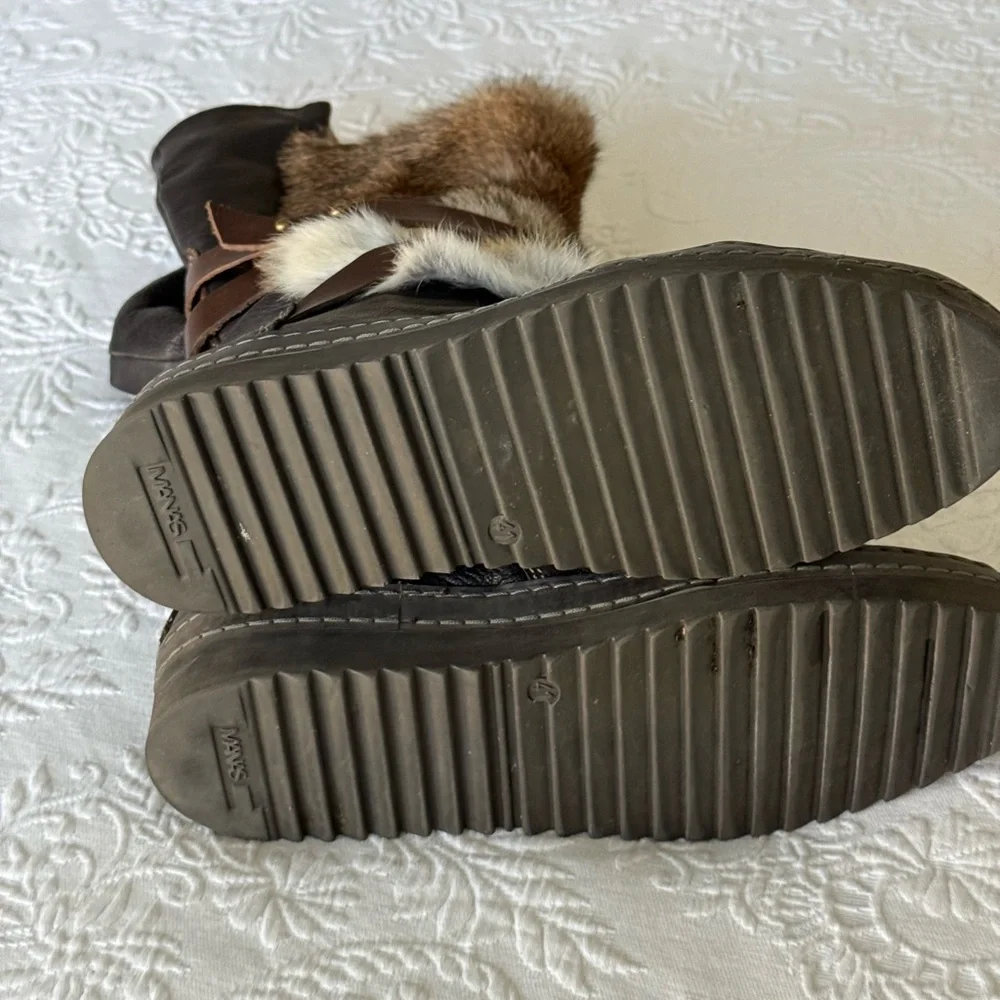 MANAS Brown Leather boots with straps & Rabbit Fur size 10.5